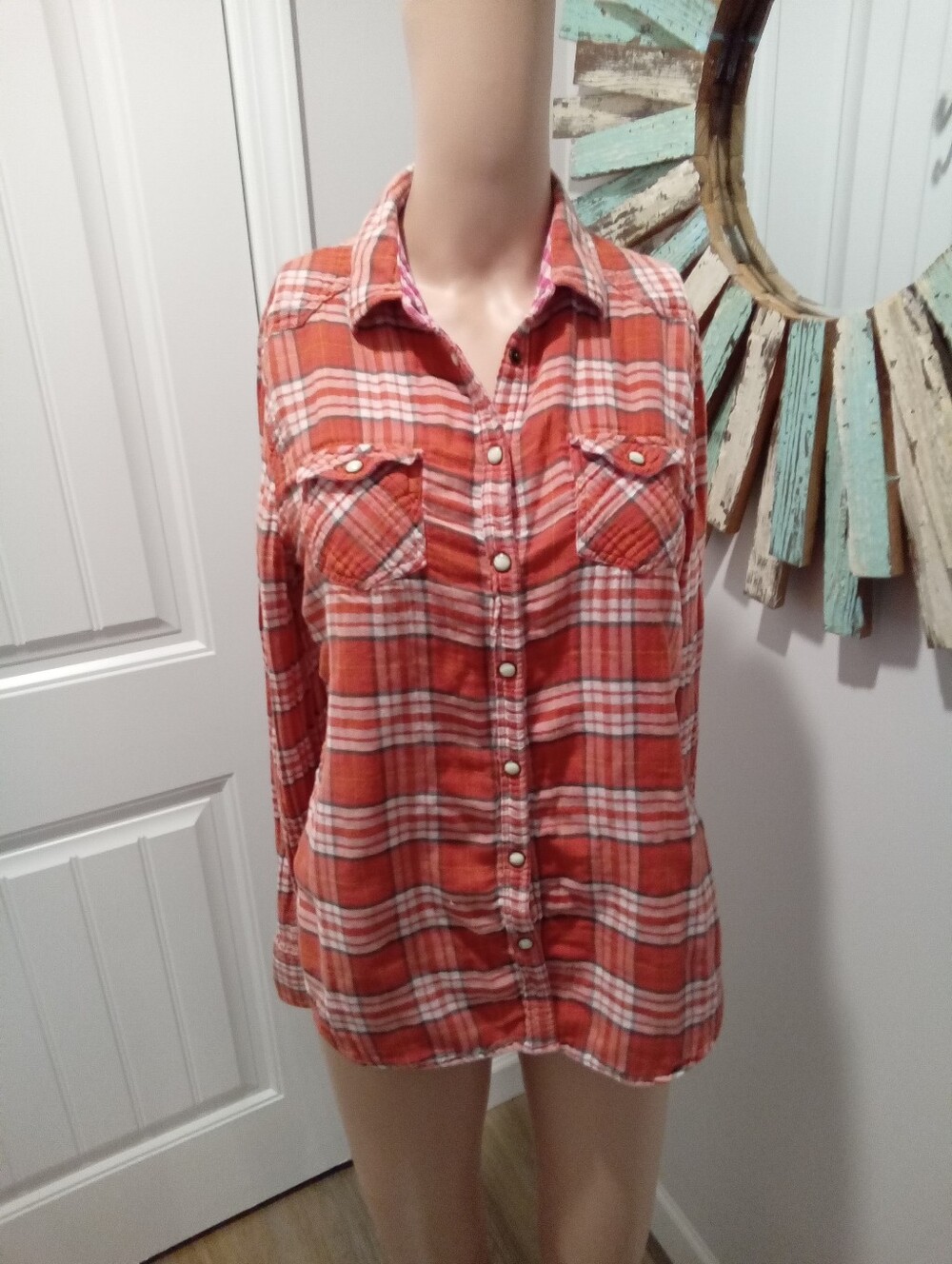 Vintage Y2K American Eagle Outfitters Sz 12 Orange Plaid Pear Snap Western Butto - Picture 2 of 16